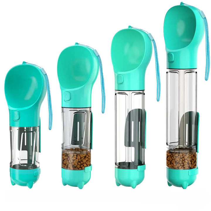 Nahaufnahme AdventureBuddy: Zeigt die Hundetrinkflasche mit integriertem Futterfach und Kotbeutelspender. Ideal für Outdoor.