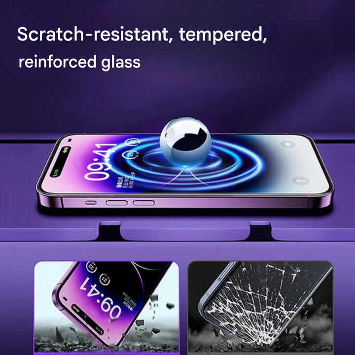 iPhone Displayschutz mit integriertem Sichtschutz, kratzfest und blasenfreier Montagehilfe.