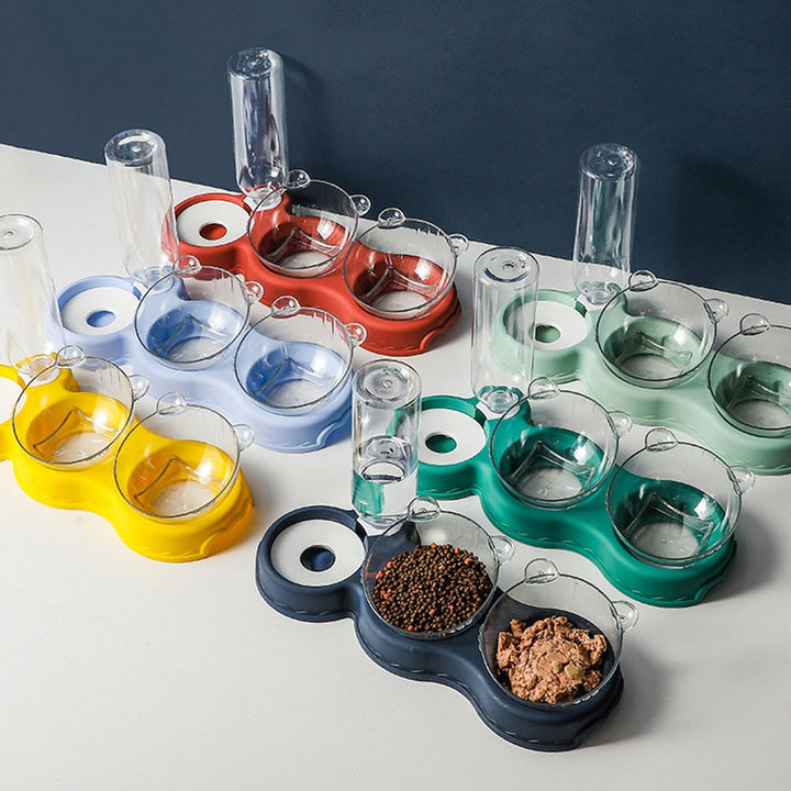3-in-1 Katzenfutternapf mit automatischem Wasserspender für optimale Fütterung & Trinkwasser. Ergonomische Futterstation.
