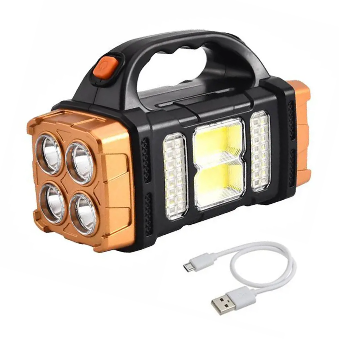 Solar Notfalllampe. Robuste LED-Taschenlampe mit integriertem Solarpanel und Powerbank für Outdoor & Camping.
