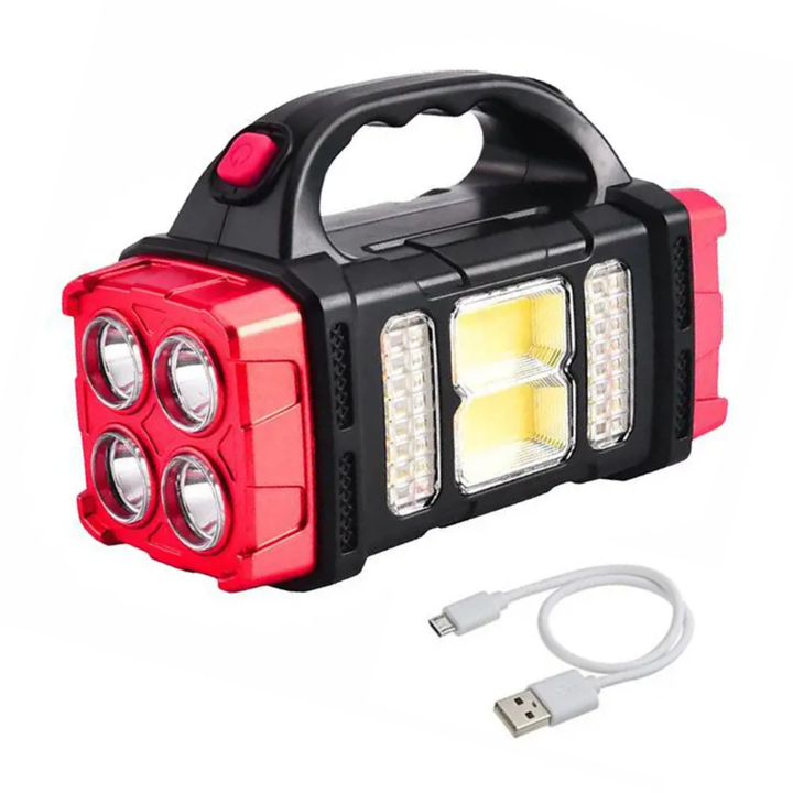 Powerbank Taschenlampe. Praktische 3-in-1 LED-Taschenlampe mit Solar-Ladefunktion und Powerbank für Handy.