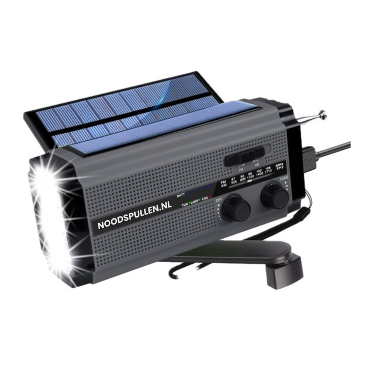 3-in-1 Notradio mit Dynamo, Solarpanel & Powerbank für Notfälle, Camping & Stromausfall. Kurbelradio mit Alarm.