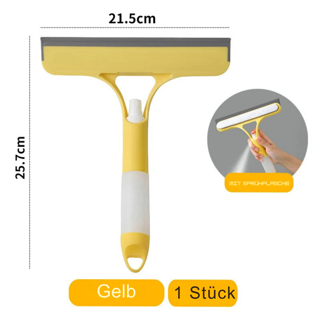 Umweltfreundlicher 3-in-1 Glasreiniger mit Sprühfunktion und Abzieher für saubere, streifenfreie Oberflächen.