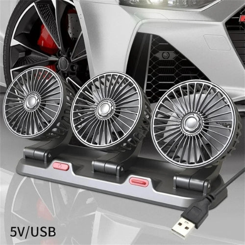 Vielseitiger 3-Kopf Autolüfter mit USB, 12V und 24V für starke Fahrzeugkühlung. Kompakt und leicht verstellbar.