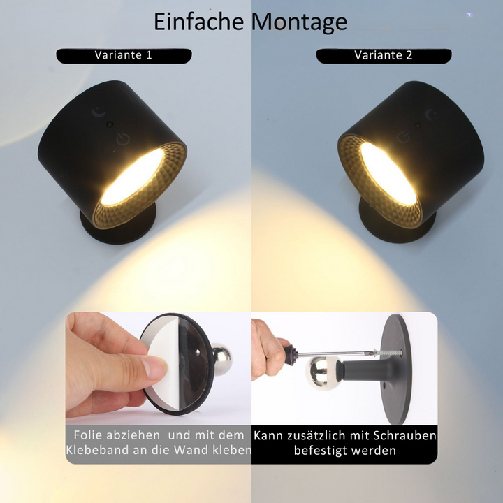 Kabellose LED-Wandleuchte 360° drehbar, dimmbar, mit Fernbedienung für Wohnzimmer-Ambiente.