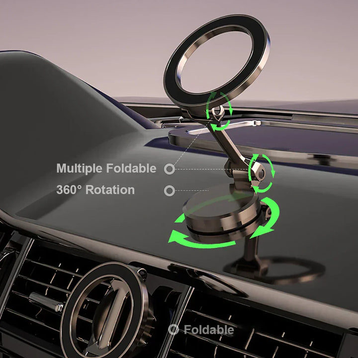Flexible 360° drehbare Handyhalterung fürs Auto mit starkem Magnet, ideal für Navigation und Freisprechfunktion.