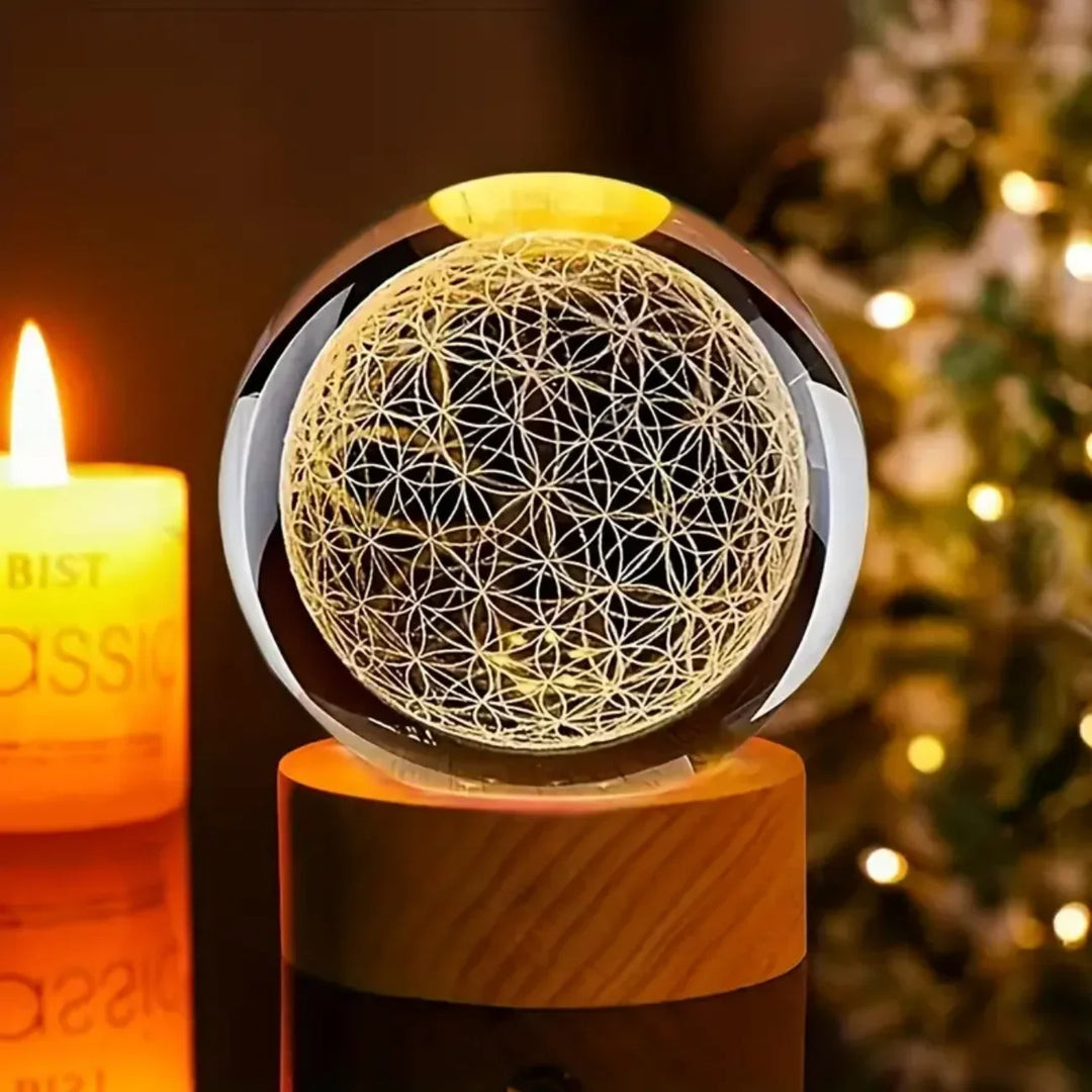 3D Blume des Lebens Kristallkugel mit USB LED-Farbwechsel Tischlampe, ideal für spirituelle Deko.