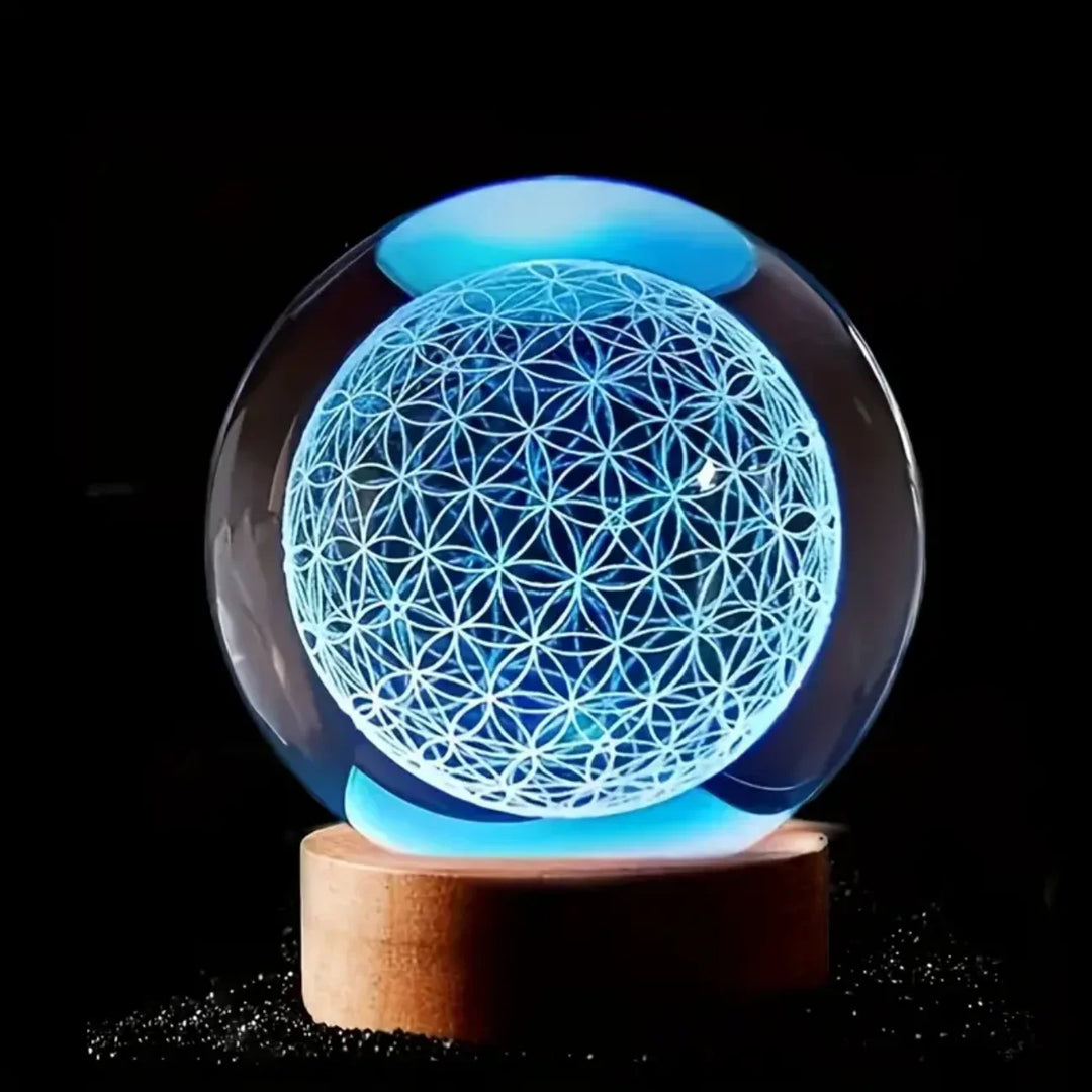 Dekorative Kristallkugel mit 3D Blume des Lebens Muster, USB LED-Licht und Farbwechsel für Wohnzimmer Deko.