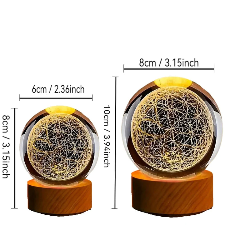 Nahaufnahme der 3D Blume des Lebens im Inneren der leuchtenden Kristallkugel mit sanftem LED-Farbwechsel.