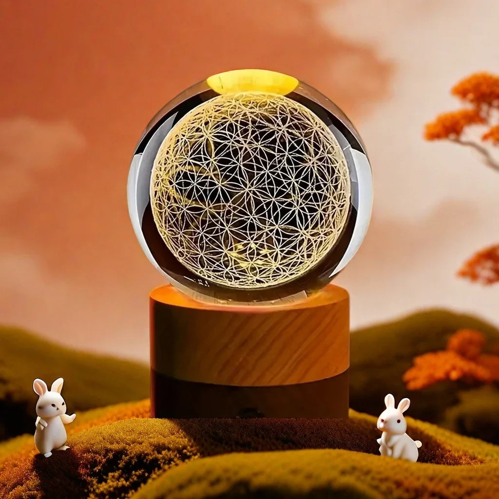 Harmonische Blume des Lebens Kristallkugel Tischleuchte mit LED Farbwechsel, perfekte spirituelle Geschenkidee.
