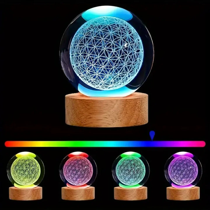 Moderne LED Kristallkugel mit Blume des Lebens Motiv. Farbwechselnde Beleuchtung für Entspannung und Energie.