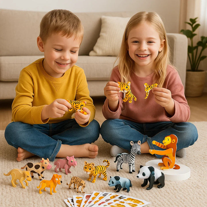 Gesamtansicht: 3D Cartoon Puzzle Set für Kinder. Viele Schaumstoffteile, Dinos, Tiere, Flugzeuge.