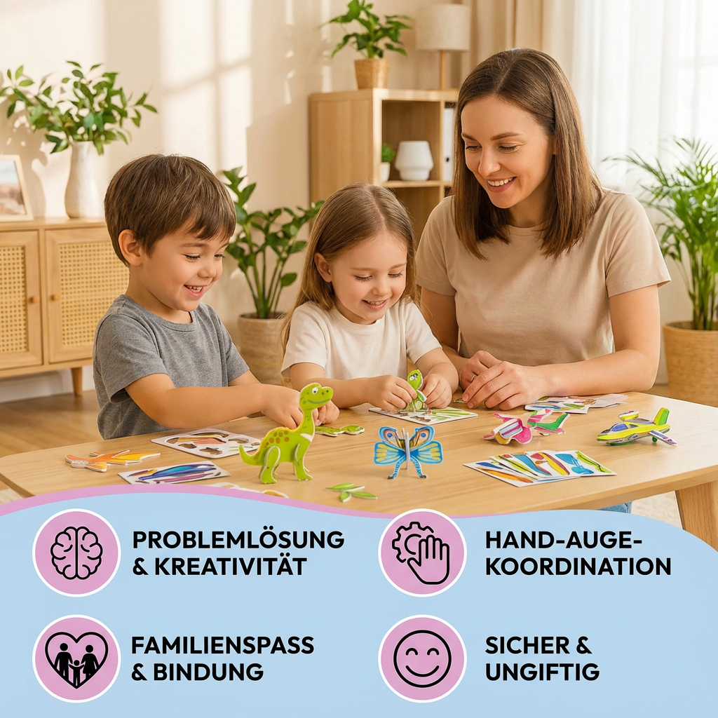 Entwicklungsförderndes 3D Cartoon Puzzle für Kinder. Spielerisch lernen mit Dinos & Tieren.
