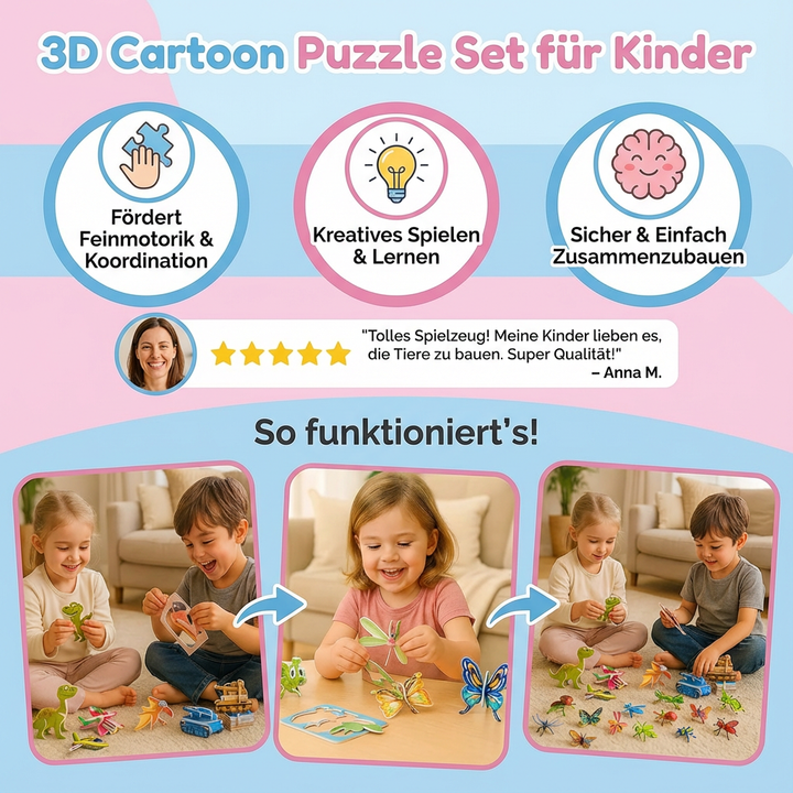 Weiches 3D Schaumstoff-Puzzle Set für Kinderhände. Sicher & spielerisch lernen, Dinos & Tiere.