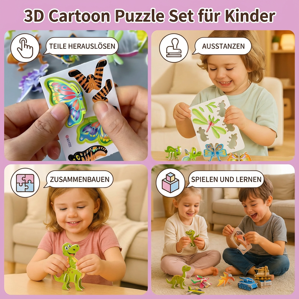 Kinder basteln 3D Schaumstoff-Puzzles (Dinos, Flugzeuge). Fördert Feinmotorik & Denken.