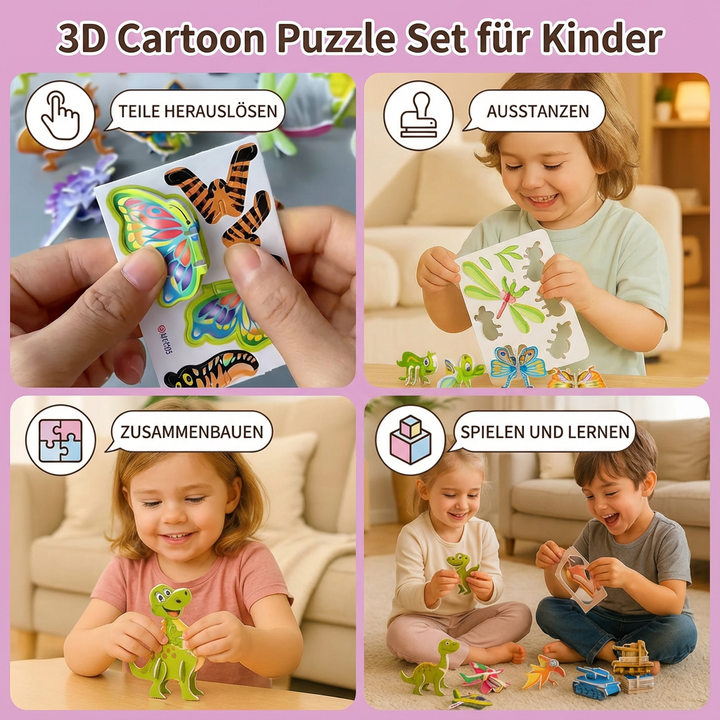 Kinder basteln 3D Schaumstoff-Puzzles (Dinos, Flugzeuge). Fördert Feinmotorik & Denken.