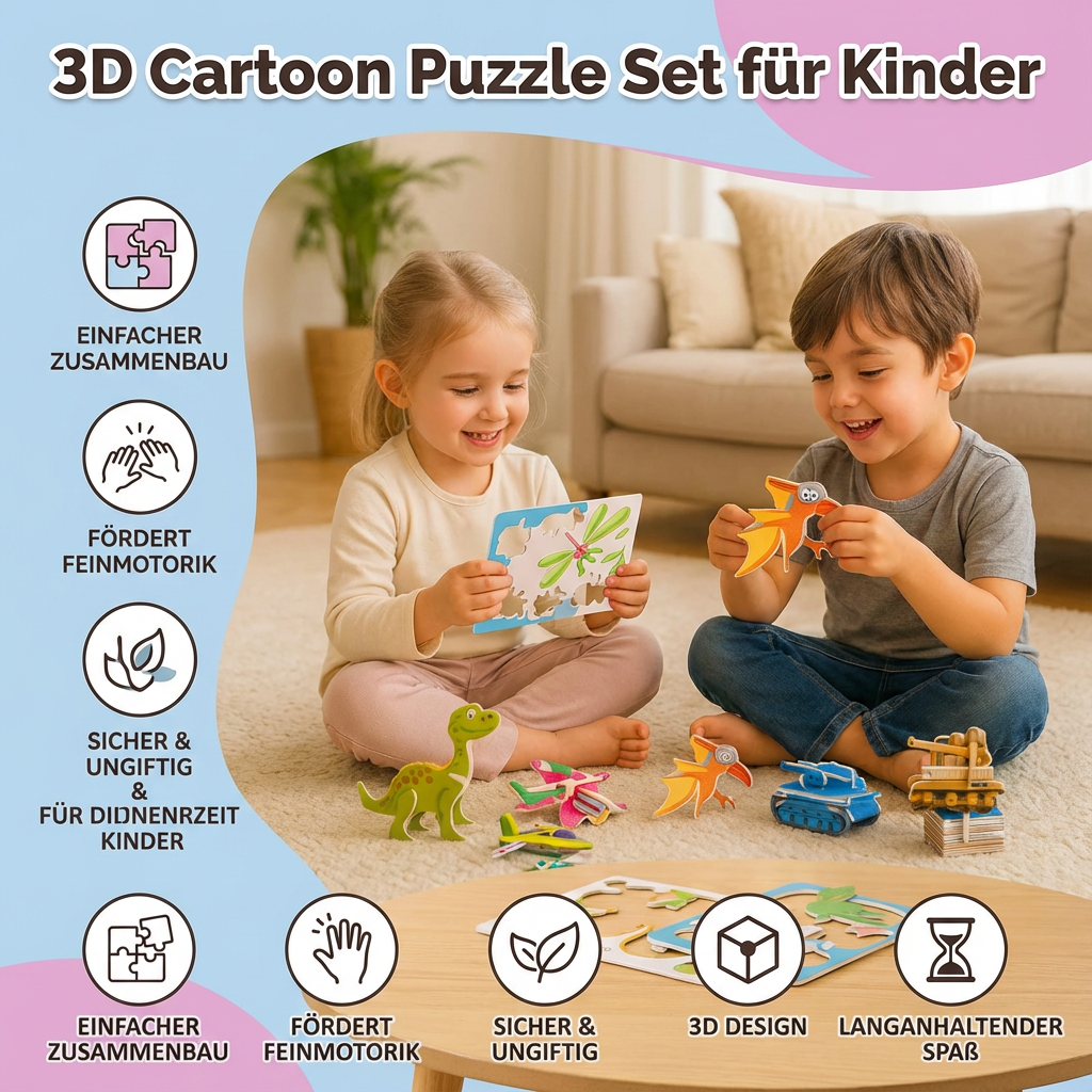 Buntes 3D Schaumstoff-Puzzle Set für Kinder. Vielfältige Dinos, Tiere, Flugzeuge & Insekten.