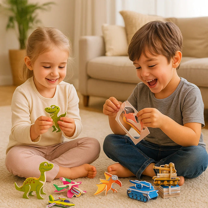 Spielerisches 3D Cartoon Puzzle Set für Kinder. Lernabenteuer mit Dinos, Tieren & Insekten.