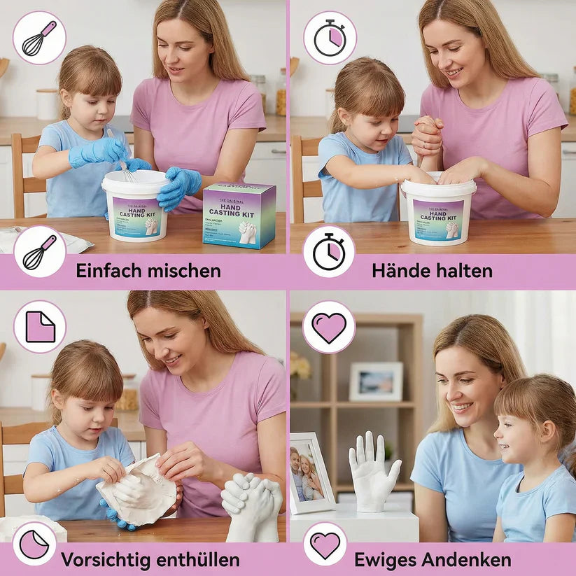 Fertiger 3D Gipsabdruck von Familienhänden als ewige Erinnerung. Einzigartiges DIY Kunstwerk für Zuhause.