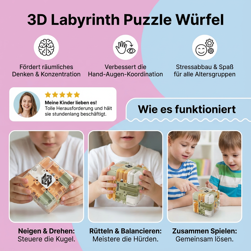 Unisex 3D Labyrinth Würfel, Logik & Geduldsspiel für alle Altersgruppen. Ideales Knobelspiel & Reisespielzeug.