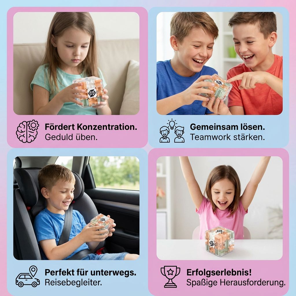 Farbenfrohes 3D Labyrinth Puzzle-Würfel Geduldsspiel für die ganze Familie. Spannendes Denkspiel für alle.