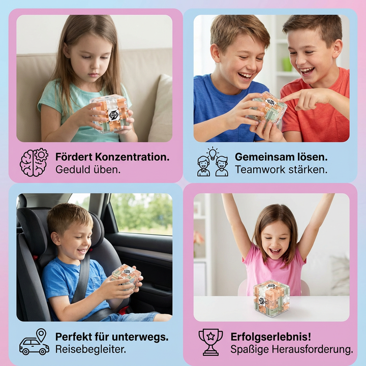 Farbenfrohes 3D Labyrinth Puzzle-Würfel Geduldsspiel für die ganze Familie. Spannendes Denkspiel für alle.