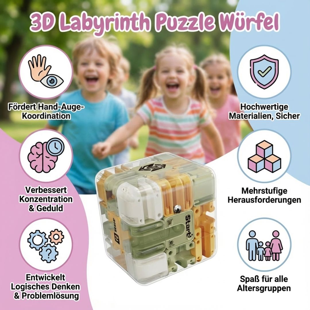 Detailansicht des 3D Labyrinth Würfels mit Kugel. Ein spannendes Geschicklichkeits- & Logikspiel für unterwegs.