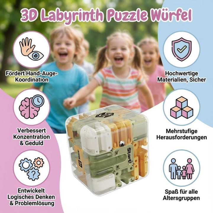 Detailansicht des 3D Labyrinth Würfels mit Kugel. Ein spannendes Geschicklichkeits- & Logikspiel für unterwegs.