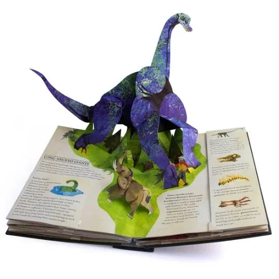 Kind entdeckt fliegende Dinosaurier im 3D Pop-Up-Buch. Interaktives Lernabenteuer & Geschenk für Kinder.