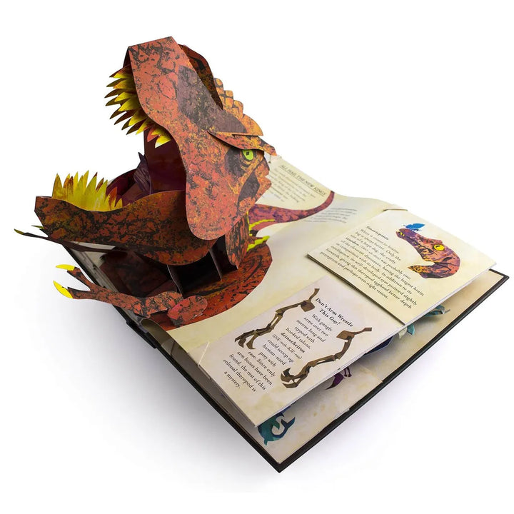 Aufgeschlagenes Dinosaurier Pop-Up-Buch mit mehreren 3D-Szenen. Interaktives Lernabenteuer für Kinder.