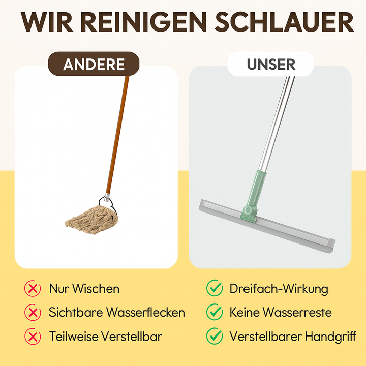 Effizienter 3in1 FlexWisch Silikonwischer; entfernt Schmutz und Wasser gründlich von harten Böden.