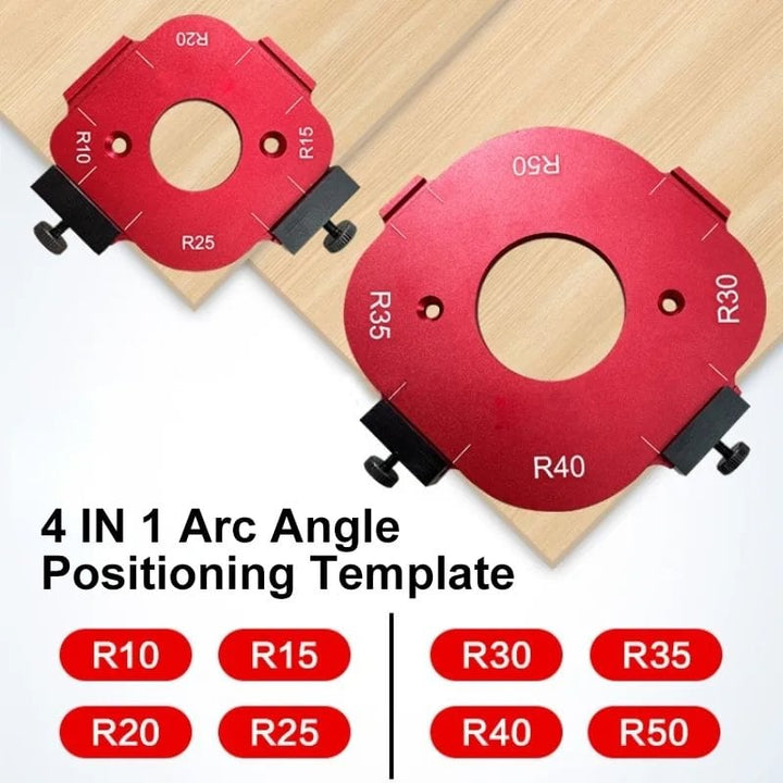 Vielseitige 4-in-1 Schablone aus Aluminium für Eckpositionierung & Radien bei der Holzbearbeitung.