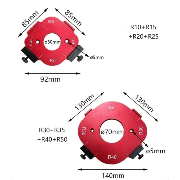 Detailansicht der 4-in-1 Eckpositionierer Schablone, ideal für Rundungen & Radien im Holzhandwerk.