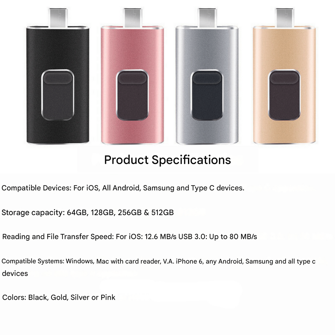Multi-Anschluss 4-in-1 USB Flashdrive für nahtlose Datenübertragung zwischen verschiedenen Geräten wie PC & Handy.