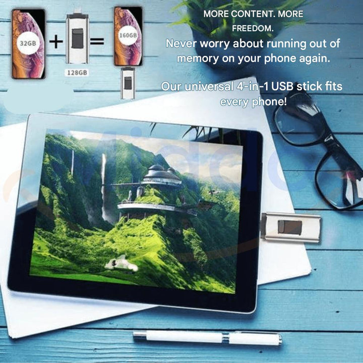 Moderner 4-in-1 USB Datenspeicher für mobile Daten, Foto-Backup & Video-Speicher auf Smartphone & PC.