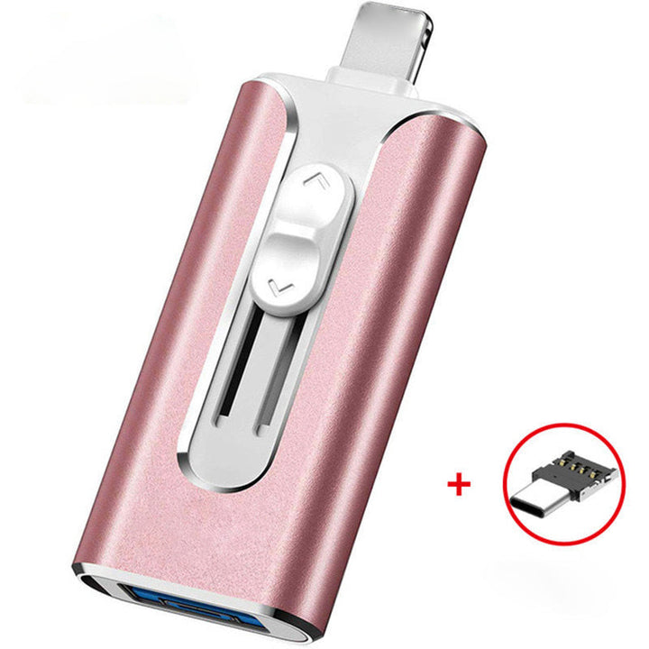 Eleganter 4-in-1 USB-Stick, ideal als externer Speicher für Fotos, Videos und Dokumente auf Smartphone & PC.