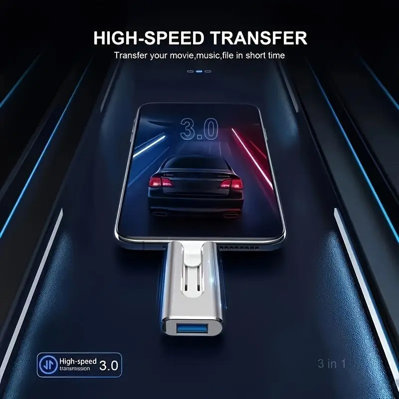 Praktischer USB-Stick mit Lightning, USB-C, USB-A und Micro-USB Anschluss. Daten schnell übertragen und sichern.