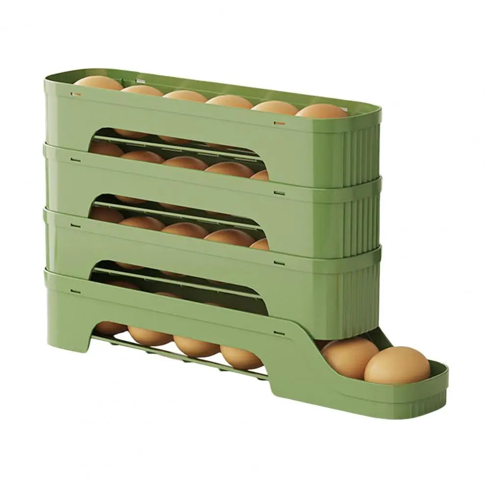 Seitenansicht: Selbstrollende 4-Etagen Eierablage. Moderner Eier-Organizer für den Kühlschrank.