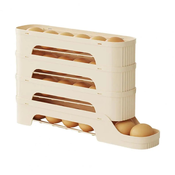 Detailaufnahme des selbstrollenden Mechanismus der 4-stöckigen Eierbox im Kühlschrank. Cleverer Küchenhelfer.