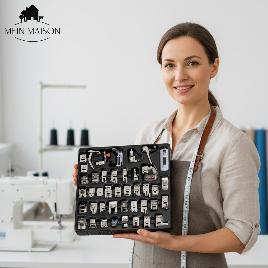 42-teiliges Nähfuß-Set für Nähmaschinen, ideal für diverse Nähprojekte, inklusive Zubehör für Präzision und Kreativität.