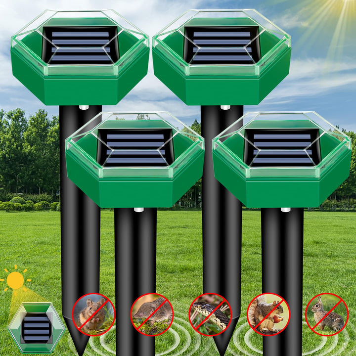 4er Pack solarbetriebene Ultraschall-Maulwurfabwehr für den Garten, tierfreundlich und wasserdicht.