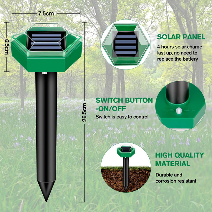 Ultraschall-Maulwurfabwehr Solar im Gartenboden installiert, effektive Schädlingsbekämpfung für Maulwürfe.