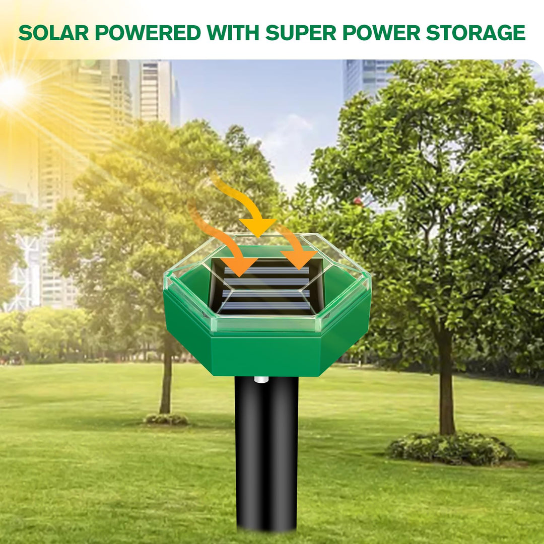 Nahaufnahme einer Ultraschall-Maulwurfabwehr Solar mit Erdspeer, wasserdicht für dauerhaften Gartenschutz.