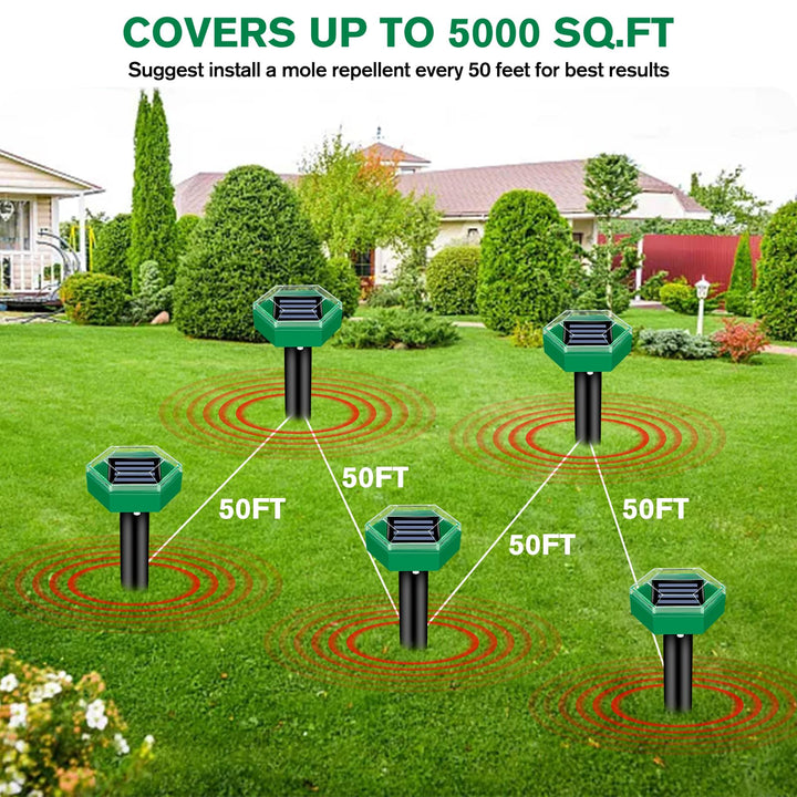 Sorgt für maulwurffreien Garten: Solar-Ultraschall-Maulwurfabwehr Set (4 Stück) zur tierfreundlichen Nagerabwehr.