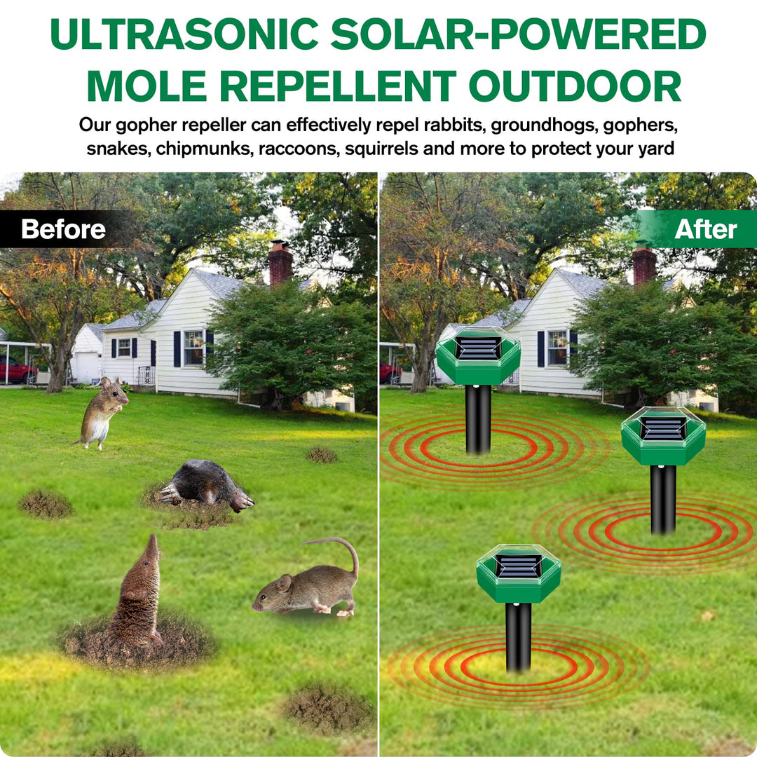 Wetterfeste Ultraschall-Maulwurfabwehr Solar für Outdoor, robustes Design für effektive Schädlingsbekämpfung im Garten.