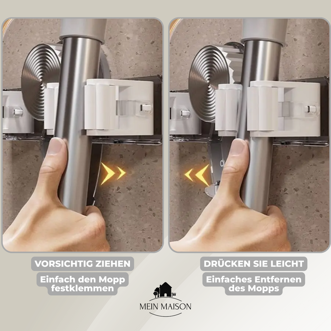 Nahaufnahme des rutschfesten Grips eines bohrfreien Besenhalters, hält Stiele sicher.
