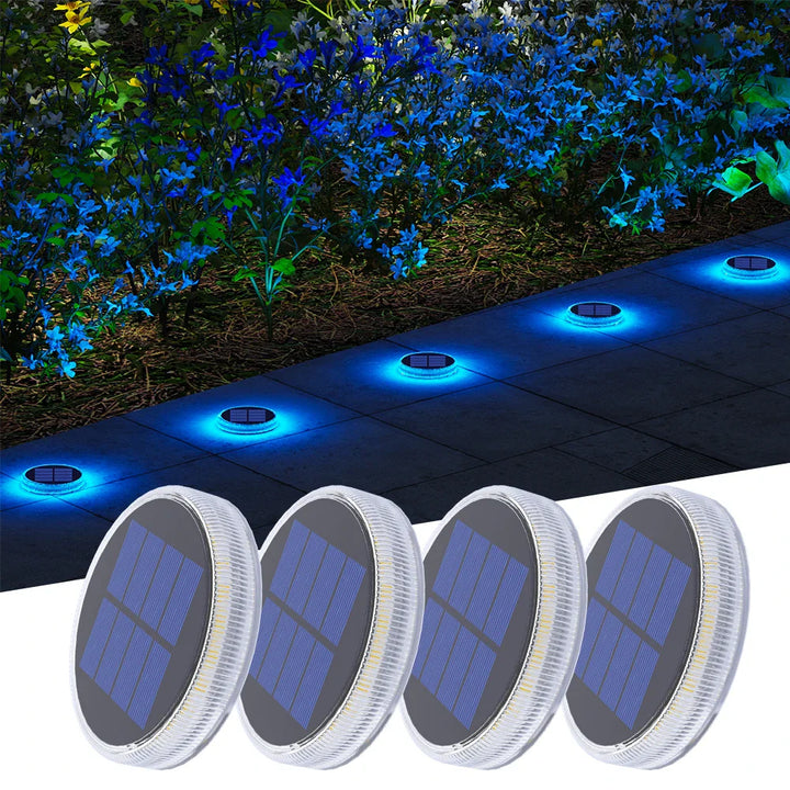 Kompaktes 4er-Set IP68 wasserdichter Solar-LED-Bodenleuchten für moderne Garten- & Wegeleuchtung.