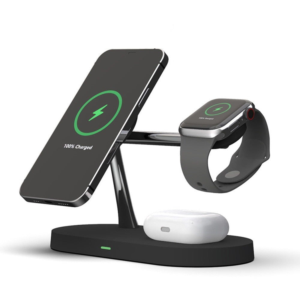 5-in-1 magnetische Qi-Ladestation für iPhone, AirPods & Smartwatch mit integriertem Stimmungslicht. Kabelloses Multi-Ladegerät.