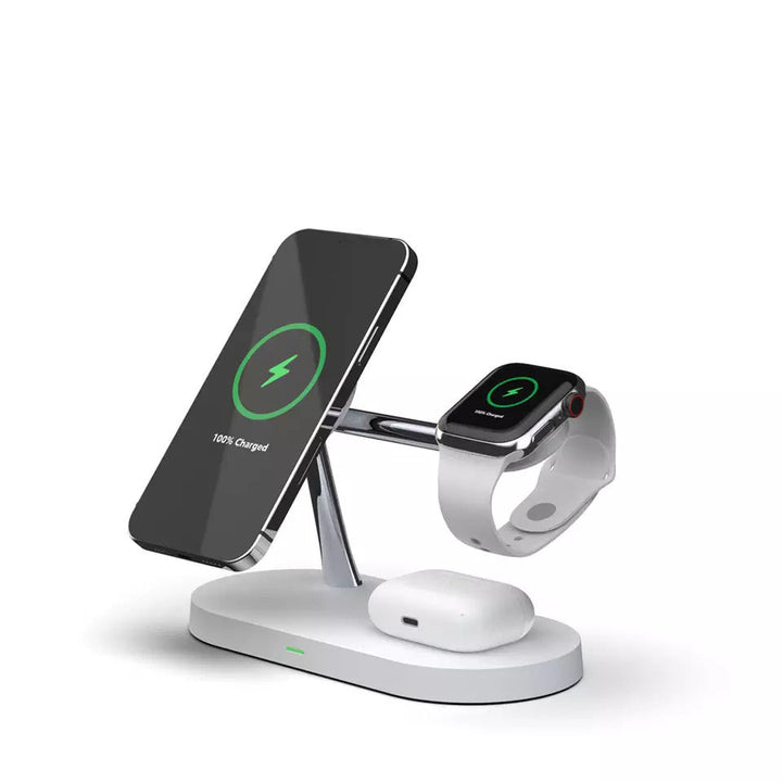 Modernes 5-in-1 kabelloses Ladegerät mit Magnetfunktion & Stimmungslicht. Ideal als Nachttischlampe & Tech-Gadget.