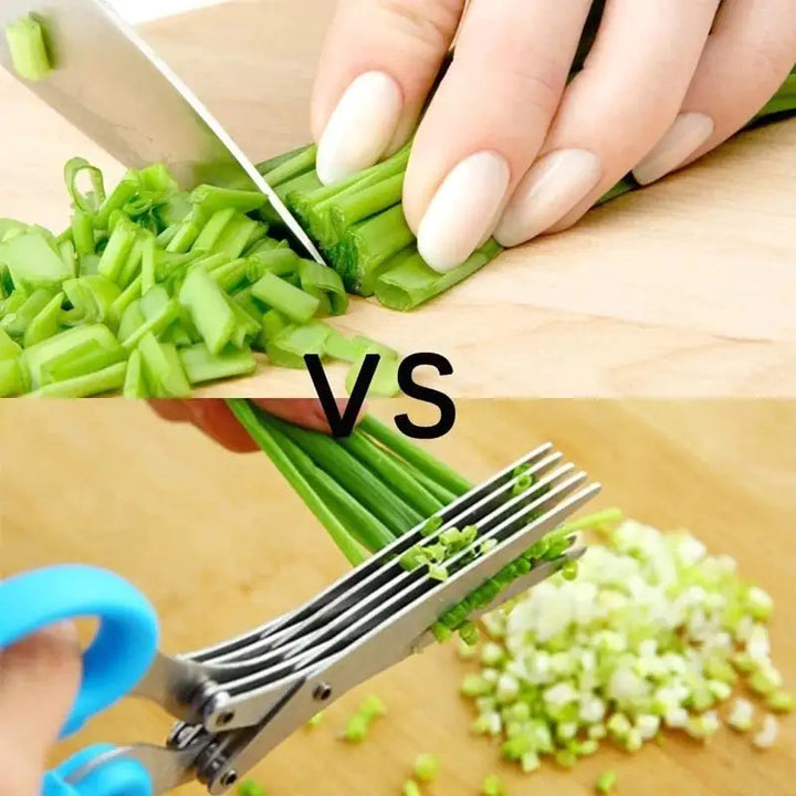 Hochwertige 5-lagige Edelstahl-Kräuterschere für präzises und müheloses Schneiden beim Kochen.